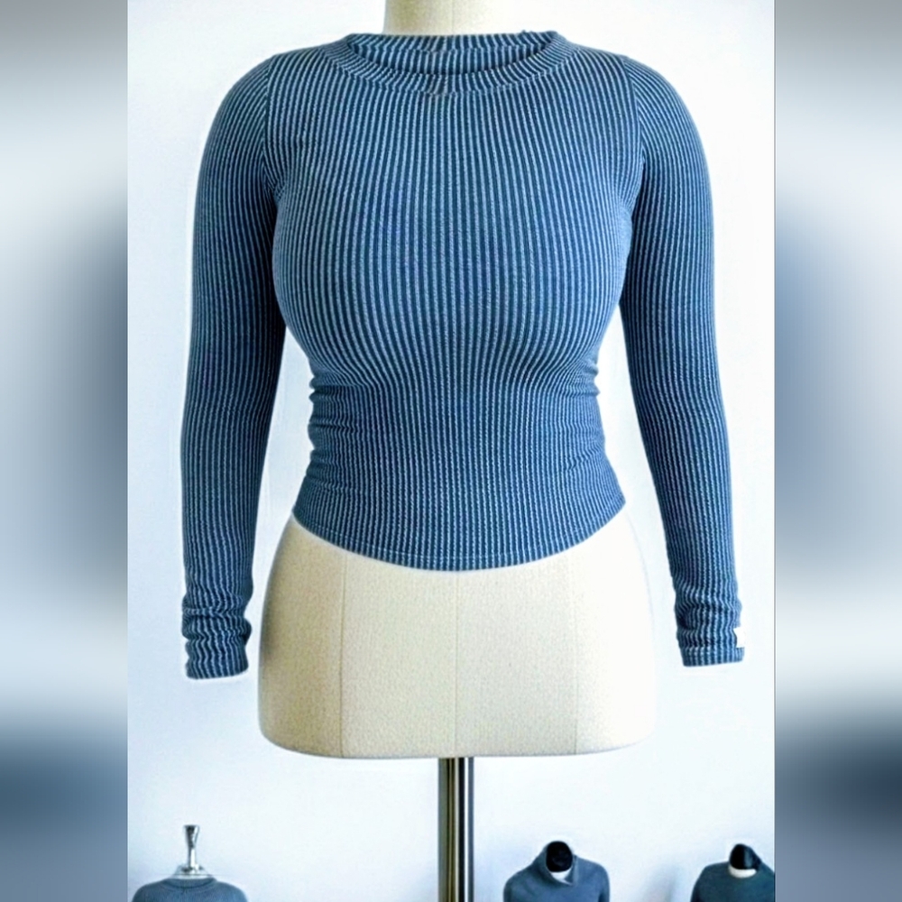 Ribbed Long Sleeve Crop Top in Blue